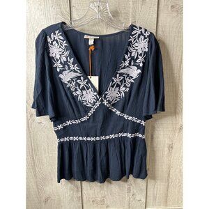 Knox Rose Womens Embroidered Bird Flowers Peplum Top S Navy Blue & White